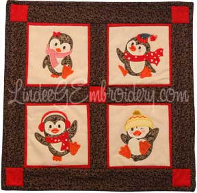 LindeeGEmbroidery Penguin Antics Applique Wall Hanging