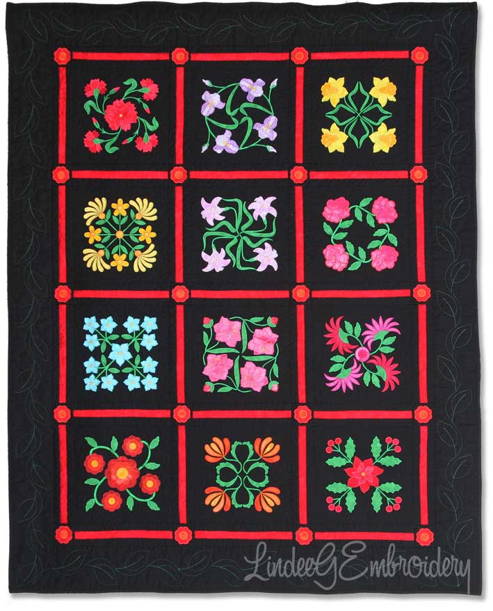 Birth Month Flowers of the Year Aussie Quilt, black