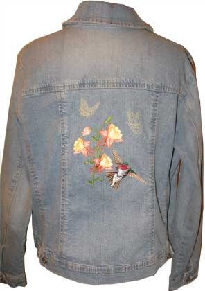 Craftsy denim jacket with columbine, butterflies, hummingbird