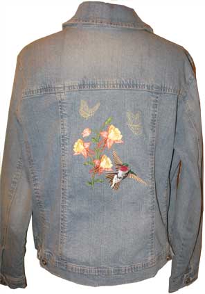 Craftsy denim jacket with columbine, butterflies, hummingbird