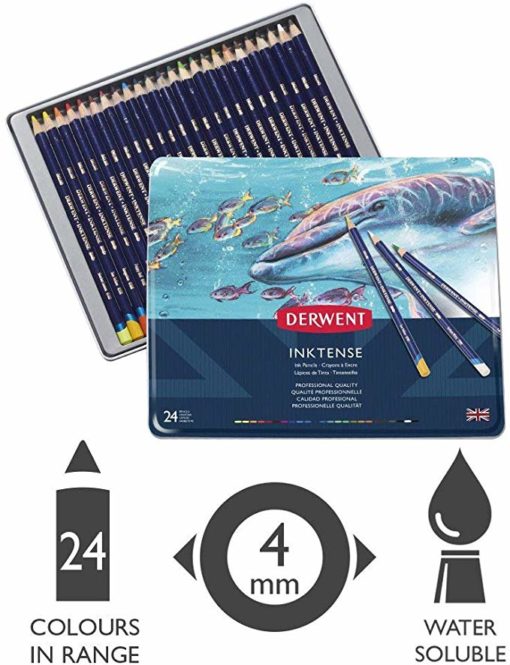 Derwent Inktense Colored Pencils, Metal Tin, 24 Count